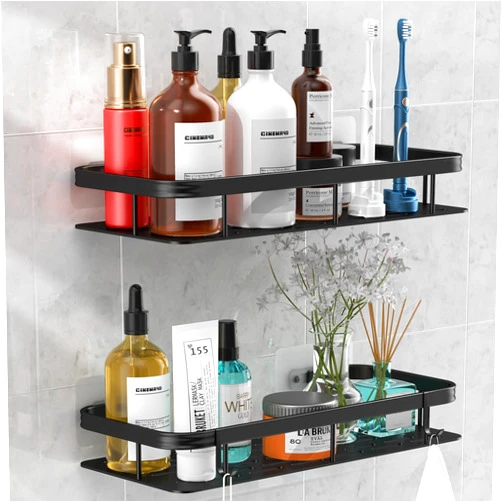 lanlord Wall Mounted Shower Caddy Shelf Organizer Rack,2 Pack 12 inch No Drilling Adhesive Shower Shelves,Bathroom Shower Organizers and Storage,Save Space With Hooks,(Black 2LBLT).