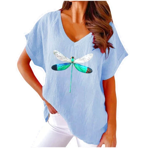BZGTZT Women's Casual Cotton Linen T-Shirt Ladies Short Sleeve V-Neck Dragonfly Print Tops Loose Flowy Tunic Shirt Pullover