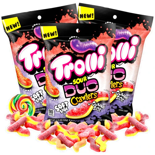 Needzo Duo Crawlers, Assorted Fruit Flavored Super Sour Gummy Worm Candies, Movie Theater Candy Bags, Pack of 3, 4.25 Ounces Each