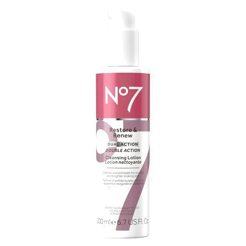 No7 Restore & Renew Dual Action Cleansing Lotion - Facial Cleanser & Exfoliant with Alpha Hydroxy Acid - Cleansing Lotion Makeup Remover for Anti-Aging
