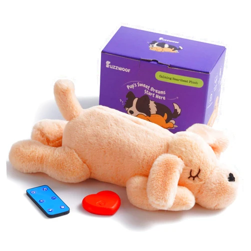 Fuzzwoof Remote Controlled Heartbeat Dog Toy, 8-Sounds & Heartbeat Simulation Plush Toy for Puppy Sleep Aid & Anxiety Relief, Crate Training, Rechargeable Calming Companion