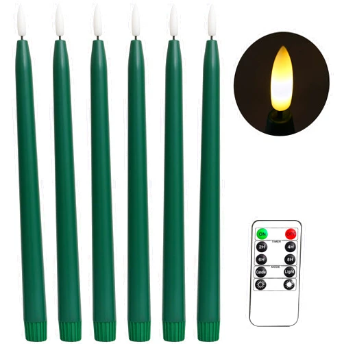 Stmarry Green Flameless Taper Candles with Remote Control - 11 Inch LED Candlesticks Battery Operated, Realistic 3D Flame with Wick, Timer, Christmas Decor - Set of 6