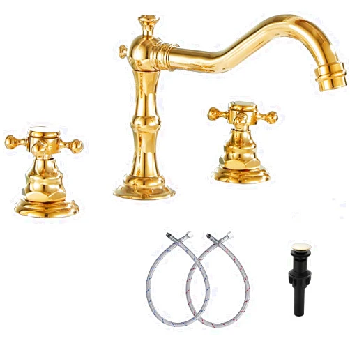 GGStudy 8-16 inch Two Handles 3 Holes Widespread Bathroom Sink Faucet Gold Basin Mixer Tap Faucet Matching Metal Pop Up Drain with Overflow