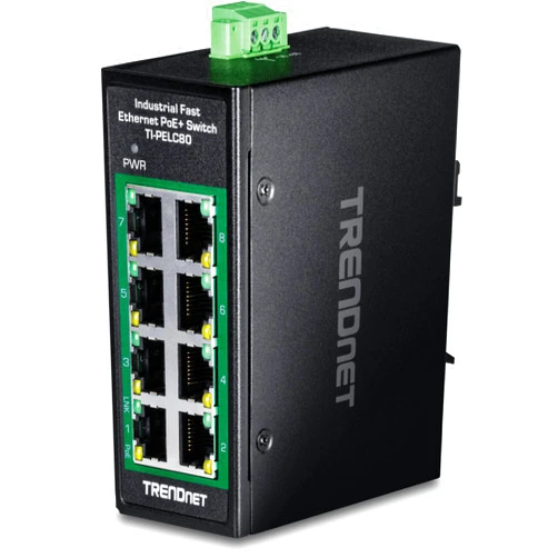 TRENDnet 8-Port Industrial Fast Ethernet PoE+ DIN-Rail Mini Switch, TI-PELC80, NDAA + TAA Compliant, 8 x 10/100Mbps PoE+ Ports, 200W PoE+ Power Budget, 1.6Gbps Switching Capacity