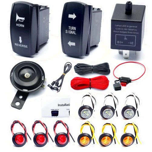Dusledel Universal ATV UTV SXS Turn Signal Street Legal Kit with Turn Signal Rocker Switch Horn Flasher Relay Fuse Line Reverse Light Compatible with Polaris RZR Ranger XP Turbo Can-Am Golf Cart Beach Cart