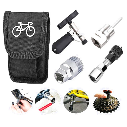 THYWD Bike Repair Tool 5 in 1 kit Set with Crank Puller Removal Tool Bicycle Cassette Freewheel Remover Bottom Bracket Remover Chain Breaker Cutter Black Tool Bag for Shimano Sram Campagnolo etc.