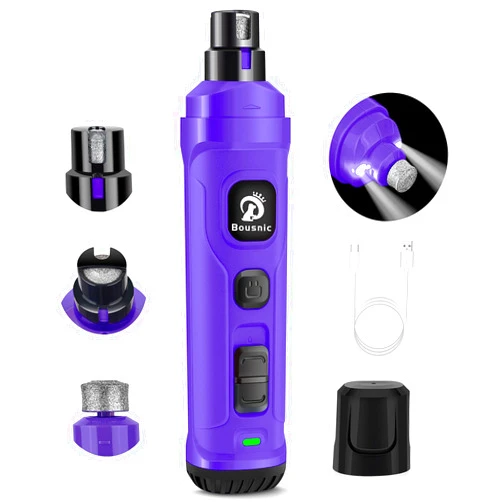 BOUSNIC Dog Nail Grinder with 2 LED Light - Super Quiet Pet Nail Grinder Powerful 2-Speed Electric Dog Nail Trimmer File Toenail Grinder for Puppy Small Medium Large Breed Dogs & Cats (Purple)