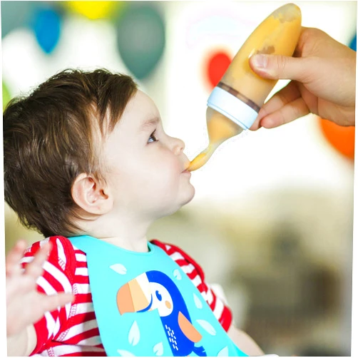 Nuby New & Improved Silicone Food Dispensing Squeeze Feeder with Cover & Stand, 4+ Months/ 3 Oz/ 90 Ml, Colors Vary: Blue, Pink, Green