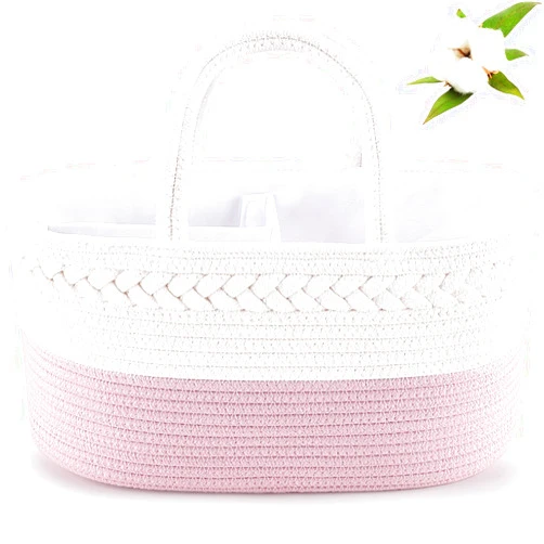 ABenkle Diaper Caddy Organizer - Cotton Rope Nursery Storage Basket for Baby Essentials, Boys & Girls Shower Gift, Changing Table Organizer, Pink