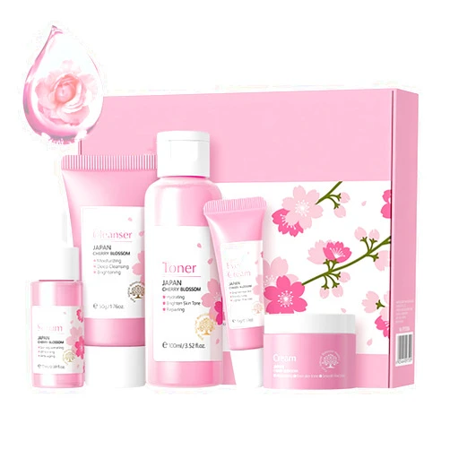 Fashion Base Korean Skin Care Set - Sakura Skin Care Sets & Kits - Women Gift Sets with Cleanser-Toner-Serum-Face Cream-Eye Cream - Skin Care Routine Kit for Women - Beauty Products Gift Box (SetB)