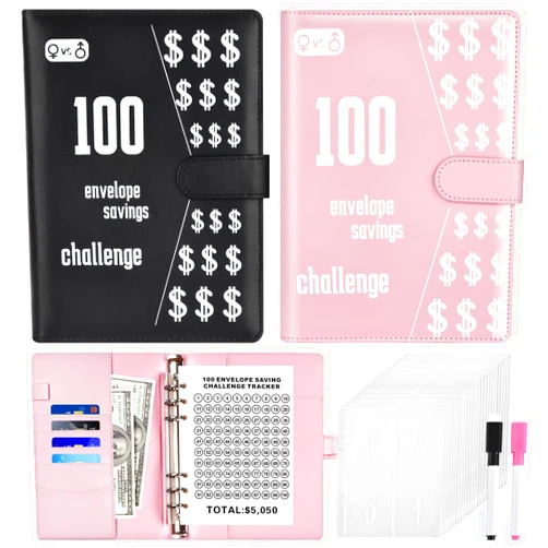 Wteehn 2pack 100 Envelopes Money Saving Challenge, Money Saving Binder, Savings Challenges Book With Envelopes, Cash Envelope Budget Binder Savings Book, 100 Day Savings $5050 Challenge Binder