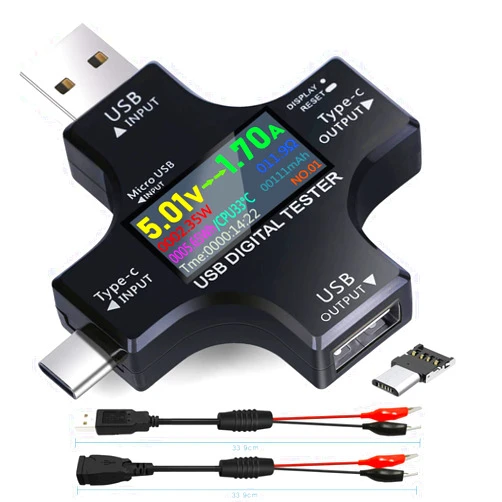KJ-KayJI USB C Tester,KJ-KayJI 2 in 1 Tester Color Screen IPS Digital Multimeter(2024),Voltage,Cur,Pwr,Resistance,Elec,Temp,Capacity,Tme,Fast Charging,with USB Clip Cable Support PD2.0/PD3.0,QC2.0/QC3.0,BC1.2