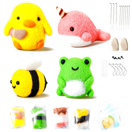 WATINC Set of 4 Cute Animal Needle Felting Starter Kit Frog Chick Bee Narwhal Animal Doll Wool Felting Tools Felt Needles Foam Mat DIY Needlework Craft Party Supplies for Beginners Adults Kids