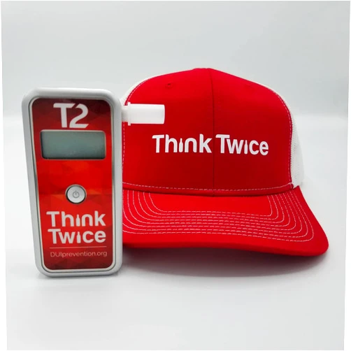 Think Twice AlcoMate Premium AL7000 Professional Digital Breathalyzer - No Calibration Required - Bundle with Think Twice Trucker Cap - Red/White