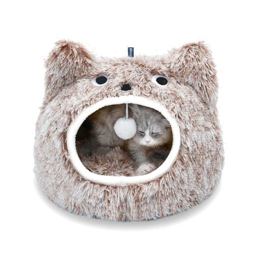 CATISM Cat Beds for Indoor Cats, Plush Self Warming Cat Bed Cave, Large Hooded Cat Cave with Fluffy Hanging Ball and Washable Cat Cushion, Cozy for Indoor Cat or Small Dog, Coffee