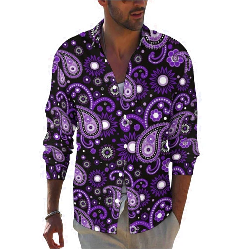 LonWide Purple Paisley Men's Long Sleeve Shirt Button Down Work Shirt Casual Beach Shirt Tops