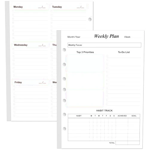Yaridar Weekly Planner Refills for 3 or 7 Ring Mini Binders - 53 Sheets/106 Pages Undated Colorful Weekly Planner, 100 gsm White Paper, Lasts 1 Year, Undated, 5.8