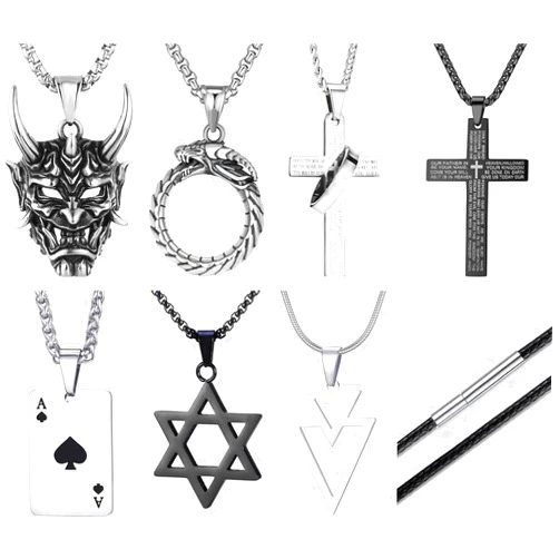 ARQQ 8psc Men Necklaces Set Stainless Steel Skull/Dragon/Cross/Triangle/Ace of Spades/Star of David Pendant Necklace, Leather Wax Rope Chain 24-inch