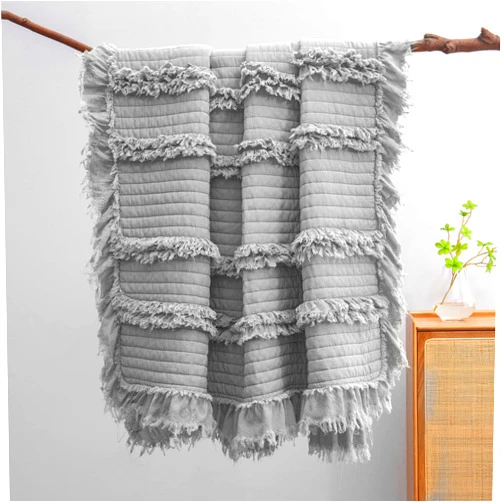 HORIMOTE HOME Stone Washed Quilted Throw Blanket with Ruffle Fringe Design - Soft & Chic Rustic Decorative Blanket for Couch, Bed, Chair - Pre-Washed Grey Boho Style - 50