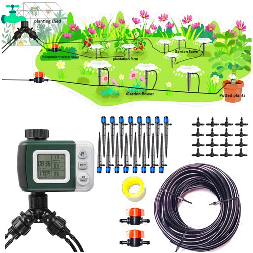 Winbomgo Automatic Drip Irrigation Kit with Water Timer 65.5FT 1/4 Tubing and 16 Gushing Springs Watering Automatic Garden Watering System for Potted Plants Yard Lawn Black