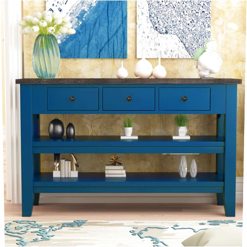 HAOHAOLIFE Retro Style Console Table with 3 Drawers and 2 Shelves, 48.8 Inch Rectangle Entryway Table, Space-Saving Sofa Table for Hallway, Foyer, Living Room, Bar, Office (Blue)