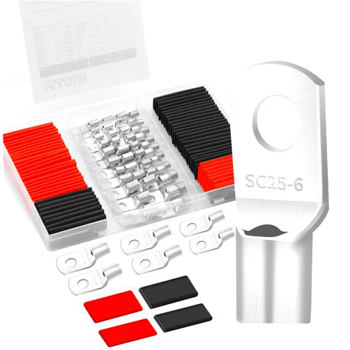 HOUSUN 132 PCS Battery Terminal Connectors, 4 6 8 10 Gauge Wire Connectors, Battery Terminals, Tinned Cable Ends, Copper Wire Lugs for 4 6 8 10 AWG, Ring Terminals with Heat Shrink Tubing by HOUSUN