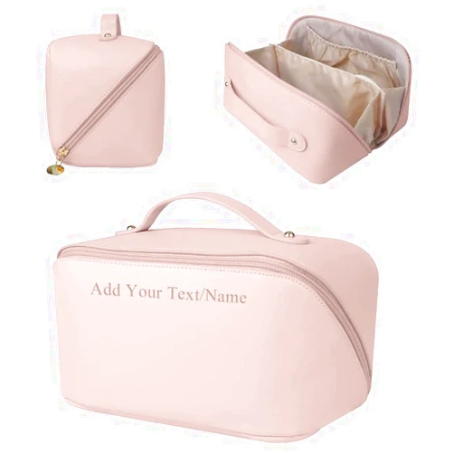 JeathFea Personalized Makeup Bag - Add Name/Text - PU leather, Large Capacity, Waterproof, Portable Cosmetic Organizer Cosmetic Bag Personalized Name