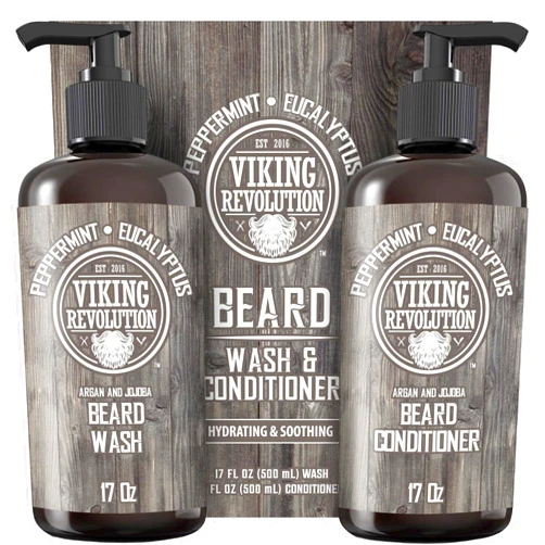 Viking Revolution Beard Wash & Conditioner Set w/Argan & Jojoba Oils – Softens, Smooths & Strengthens Beard Growth - Natural Peppermint and Eucalyptus Scent - Shampoo (17 oz)