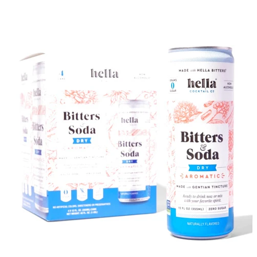 Hella Cocktail Co. Classic Dry Aromatic Bitters & Soda - 12oz Cans (Pack of 4) - Ready to Drink or Use as Cocktail Mixer - Zero Sugar, All Natural Ingredients, Made with Gentian Tincture