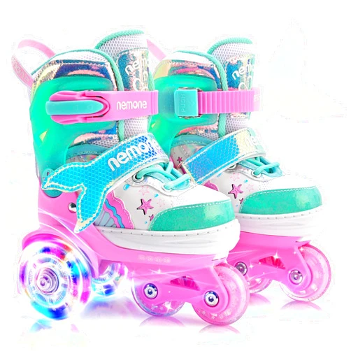 NEMONE Mermaid 4 Size Adjustable Light up Roller Skates for Girls, Purple Blue Skates for Toddlers, Beginner Kids Roller Skates Indoor Outdoor