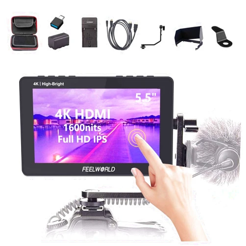 FEELWORLD F6 Pro +NP-F970 Battery, Charger, Storage Case kit, 5.5 Inch 4K HDMI Touch Screen On-Camera Monitor 1600nits High Bright FHD 1920x1080 Filed Monitor with F970 External Install and Power kit