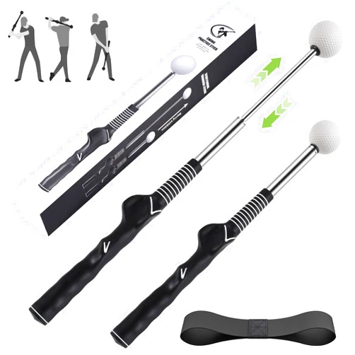 MIKOSI Retractable Golf Swing Trainer, Golf Grip Trainer and Golf Training Aid for Chipping Hitting & Grip Correction, Golf Swing Practice Stick with Arm Band for Right/Left-Handed, Indoor/Outdoor