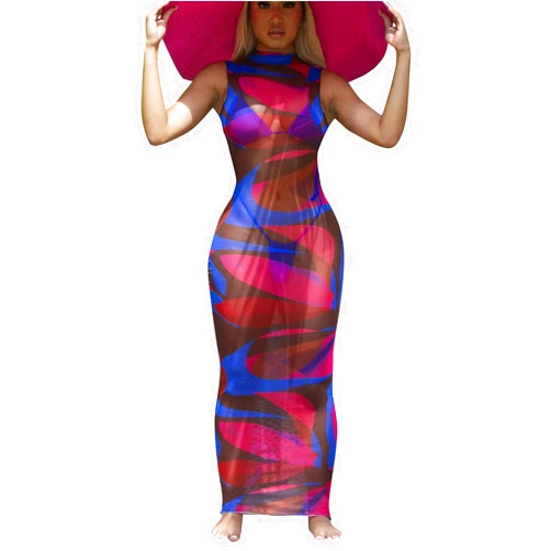 Bluewolfsea Womens Sexy See Through Mesh Printed Bodycon Maxi Dress Sheer Long Party Club Dresses Beach Coverups