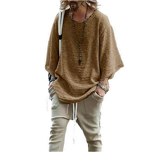 ZOCANIA Men's Linen Shirt Crewneck Frayed Batwing Sleeves Vintage Sweater with Fringe for Fall Distressed Blouse for Men