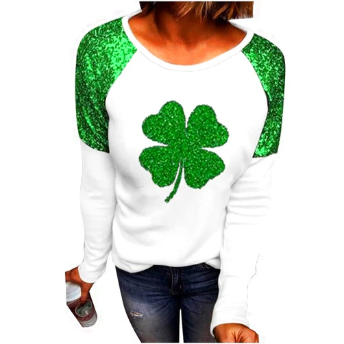 Earlymemb St. Patrick's Day T-Shirt Womens Funny Shamrock Printed Sequined Splicing Sleeve Casual Lucky Clover Heart Graphic Tee Tops