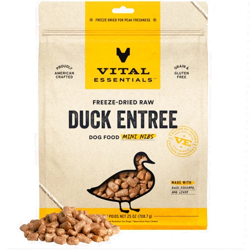 Vital Essentials Freeze Dried Raw Dog Food, Duck Mini Nibs Entree, 25 oz