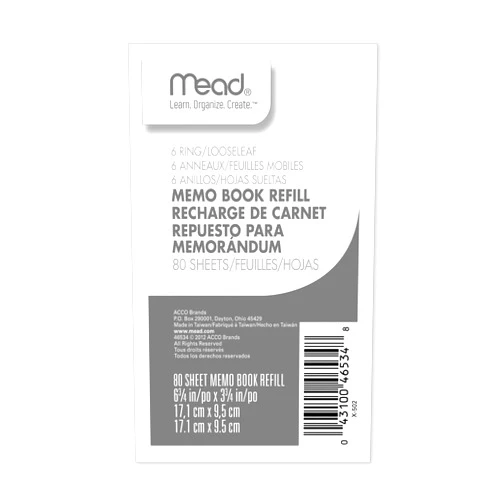 Mead Memo Book Refill, 6 Ring, 3 3/4