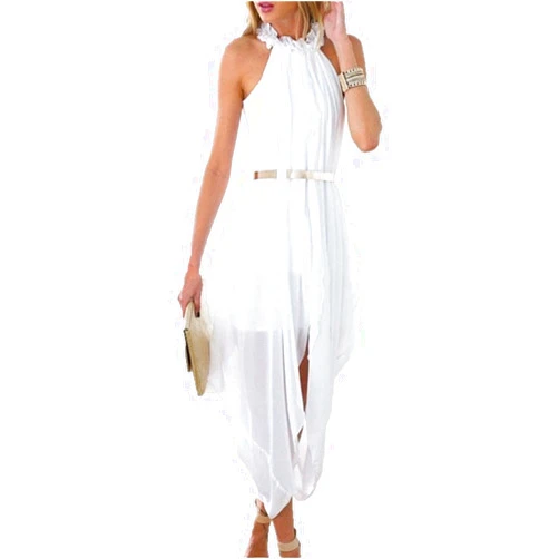 Shopall Elegant Women's Sheer Chiffon Halter Sleeveless Hi Low Beach Party Dress with Gold Belt