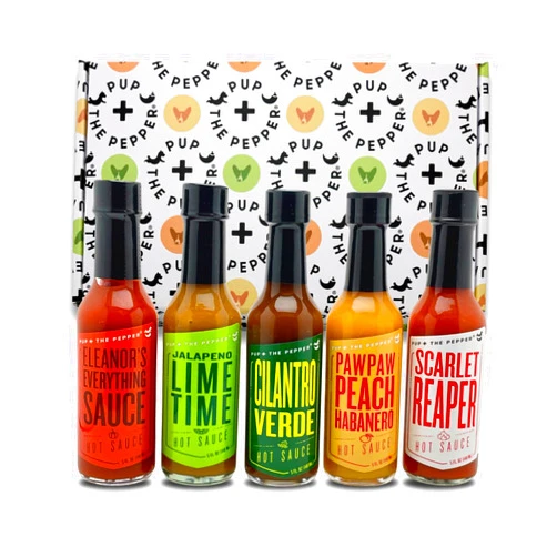 PUP + THE PEPPER Pup & The Pepper 5 Pack Gift Box - PawPaw Peach Habanero, Scarlet Reaper, Cilantro Verde, Jalapeno Lime Time, Eleanor's Everything Sauce
