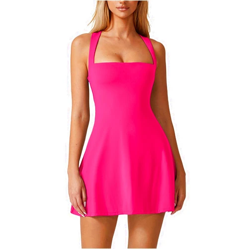 QINSEN Womens Square Neck Tennis Dress Sleeveless Built in Shorts Golf Athletic Dress with Pockets
