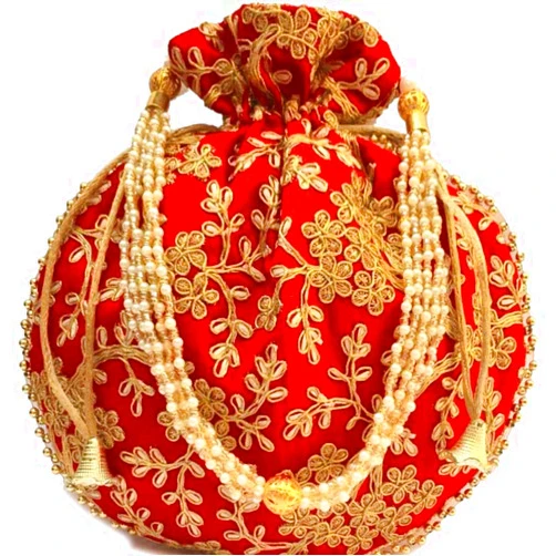 Eyesart Fashion Potli Bag For Women Ethnic Designer Embroidery Work Batwa Pearls Handle With Intricate