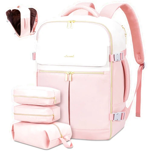 LOVEVOOK Travel Backpack, Carry On Backpack for Women, 40L Flight Approved Personal Item Backpack, Large Water Resistant Luggage Daypack with 3 Packing Cubes, fits 17inch Laptop, Beige-Pink