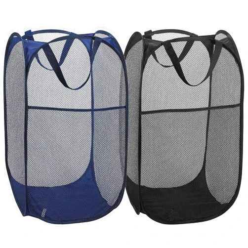 MOOMASS 2 Pack Foldable Mesh Popup Laundry Hamper,Laundry Basket Easy to Open and Fold for Dorm,Travel, College Dorms, and More (Black and blue)…