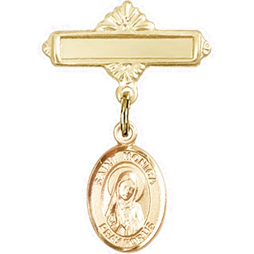 Bonyak Jewelry Saint Medal Collection Gold Filled Baby Badge with St. Monica Charm and Polished Badge Pin 1 X 5/8 inches