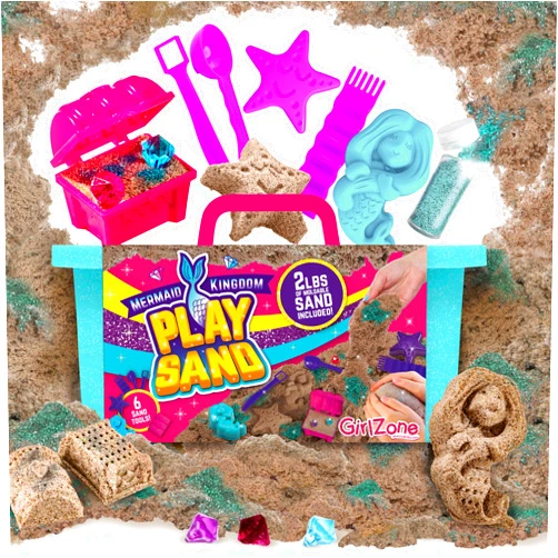 GirlZone Mermaid Treasures Play Sand Kit, 2lbs of Magic Sand for Kids Kit with Gems, Carry Case and More, Kids Toys for Playdates and Great Gift Idea