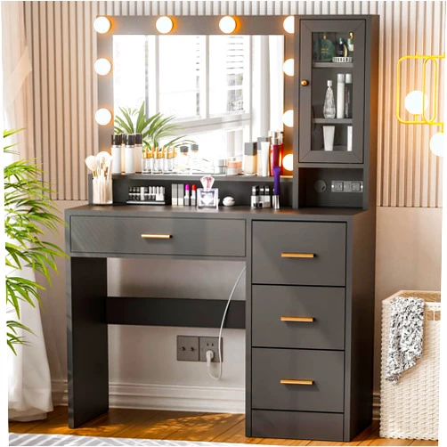 Likein Vanity Desk with Mirror and Lights, Black Makeup Vanity Desk with Drawer & Glass Storage Cabinet & Charging Station, 3-Color Lights Adjustable Brightness, Make Up Dressing Table for Bedroom