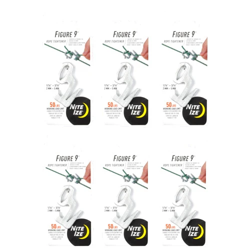 Nite Ize Figure 9 Rope Tightener - Aluminum Cord Tensioner - Camping Essentials & Hiking Must-Haves - Car Accessory with Laser-Engraved Instructions - Small (6 Pack)