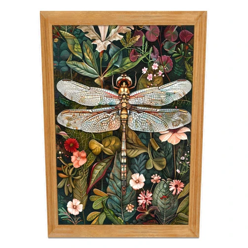 AKWISH Framed Vintage 3D Textured Wall Art - Dark Green Dragonfly Flowers Wall Decor - Hand Drawn Sandstone Nature Botanical Pictures for Living Room Bedroom Home Decor 12x16in