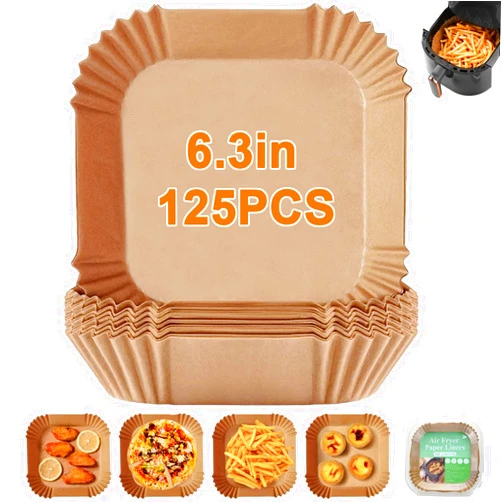 AZPESUR Air Fryer Paper Liners, 125PCS Non-stick Air Fryer Parchment Paper Liners, 6.3inch Air Fryer Liners Disposable, Square Airfryer Paper Liners for for Baking Roasting Microwave (6.3