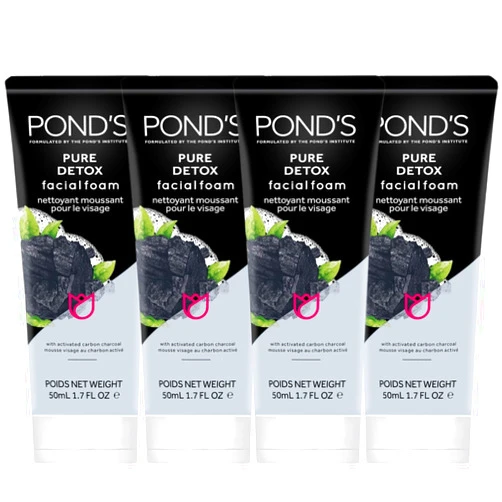 Pond's Pure Detox Facial Foam, Deep Cleansing with Activated Charcoal, Facial Wash, 4-Pack of 1.7 Oz Each